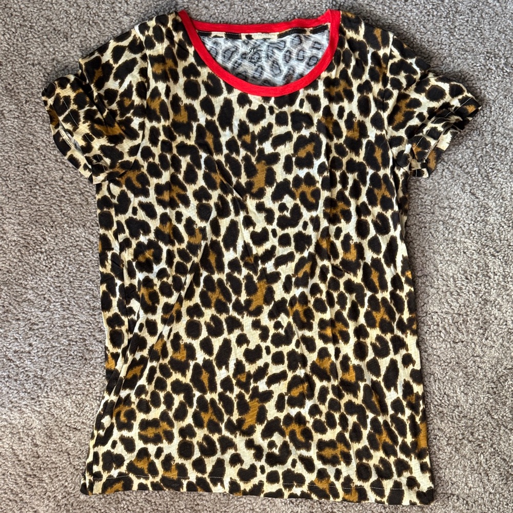 J. Crew Leopard Print Short Sleeve Tee with Red Neckline